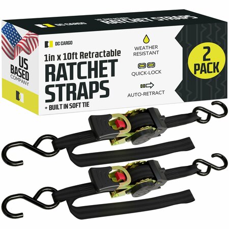 DC CARGO 1in X 10 Retractable Ratchet Straps w/ Integrated Soft Loops, 2PK 110RRSSHST-2
